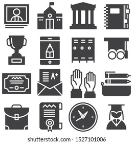 Education vector icons set, modern solid symbol collection filled style pictogram pack. Signs, logo illustration. Set includes icons as school building, library, notebook, school bag, graduate student