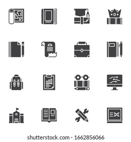 Bildungs-Vektorsymbole Set, moderne solide Symbolsammlung, gefülltes Piktogrammpaket. Zeichen, Logo-Illustration. Set enthält Symbole wie Graduierungsmütze, Schulgebäude, Buch, Stift, Diplom, Bauplan