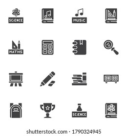 Bildungs-Vektorsymbole Set, moderne solide Symbolsammlung, gefülltes Piktogrammpaket. Zeichen, Logo-Illustration. Set enthält Symbole wie Wissenschaft, Mathematik, Taschenrechner, Geometrie, Schultasche, Whiteboard