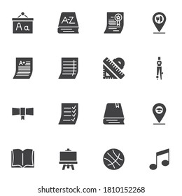 Education vector icons set, modern solid symbol collection, filled style pictogram pack. Signs, logo illustration. Set includes icons as textbook, dictionary book, blackboard, ruler, grade result test