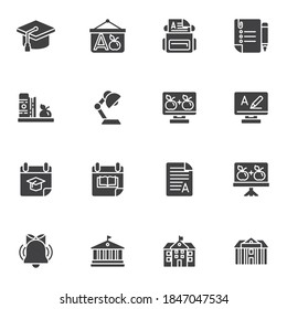Education vector icons set, modern solid symbol collection, filled style pictogram pack. Signs, logo illustration. Set includes icons as school bag, calendar, college, library, university building