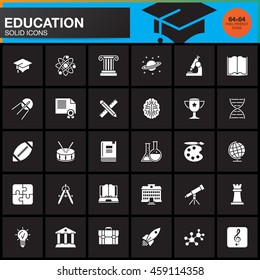 Education vector icons set, modern solid symbol collection, school pictogram pack isolated on black, pixel perfect logo illustration