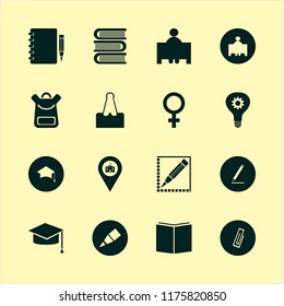 education vector icons set. with school book bag, graduation hat, notebook pencil and pencil in set