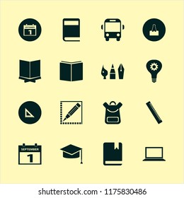 education vector icons set. with school bus, holy quran, graduation hat and laptop in set