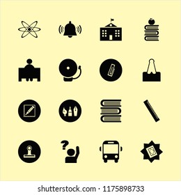 education vector icons set. with school bus, pencil, school bell and atom in set