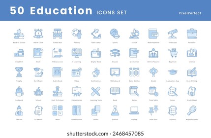 Education vector icons set, school icons such as, Books, Graduation cap, Diploma, Chalkboard, School building, Pencil, Notebook, Apple, Backpack, Teacher, Student, Classroom, Online learning, and more
