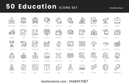 Conjunto de iconos de vectores de Educación, iconos de la escuela como, Libros, Gorra de graduación, Diploma, Pizarra, Edificio de la escuela, Lápiz, Cuaderno, Apple, Mochila, Profesor, Estudiante, Aula, Aprendizaje en línea, y más