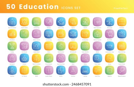 Education vector icons set, school icons such as, Books, Graduation cap, Diploma, Chalkboard, School building, Pencil, Notebook, Apple, Backpack, Teacher, Student, Classroom, Online learning, and more