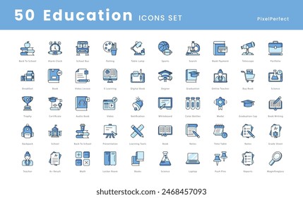 Education vector icons set, school icons such as, Books, Graduation cap, Diploma, Chalkboard, School building, Pencil, Notebook, Apple, Backpack, Teacher, Student, Classroom, Online learning, and more