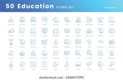 Bildung Vektor-Icons Set, Schulsymbole wie, Bücher, Abschlusskappe, Diplom, Tafel, Schulgebäude, Bleistift, Notizbuch, Apple, Rucksack, Lehrer, Schüler, Klassenzimmer, Online-Lernen und mehr