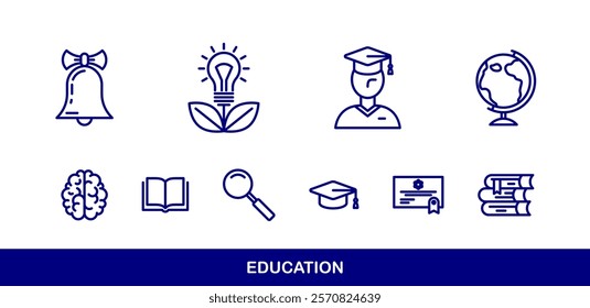 Education vector icons set, school study of science, university and academy learning, different disciplines knowledge.