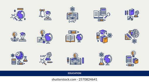 Education vector icons set, school study of science, university and academy learning, different disciplines knowledge.