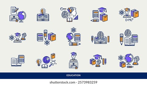 Education vector icons set, school study of science, university and academy learning, different disciplines knowledge.