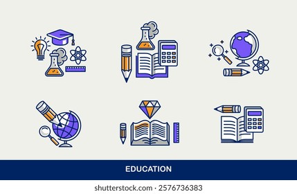 Education vector icons set, school study of science, university and academy learning, different disciplines knowledge.