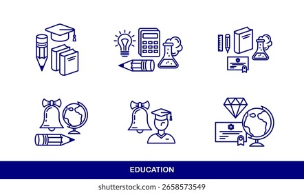 Conjunto de ícones vetoriais de educação, estudo escolar de ciência, ensino universitário e acadêmico, conhecimento de diferentes disciplinas.