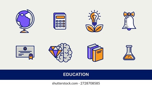 Education vector icons set, school study of science, university and academy learning, different disciplines knowledge.