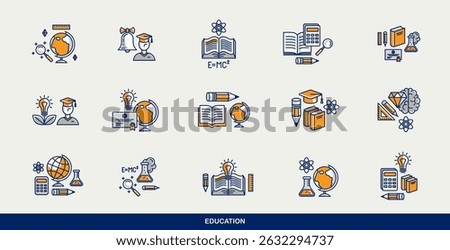 Education vector icons set, school study of science, university and academy learning, different disciplines knowledge.