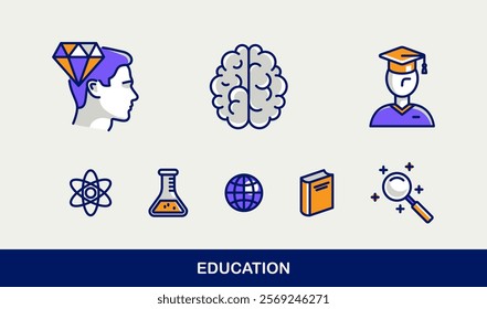 Education vector icons set, university and school, different disciplines knowledge, graduation and intelligence.