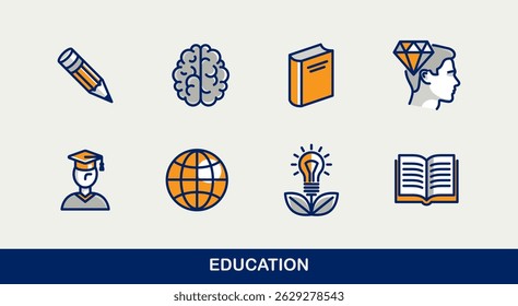 Education vector icons set, university and high school study science, physics and chemistry learning.