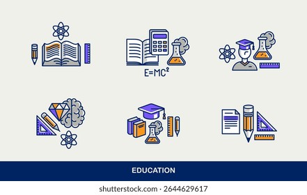 Education vector icons set, university and high school study science, physics and chemistry learning.