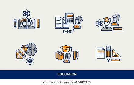 Education vector icons set, university and high school study science, physics and chemistry learning.