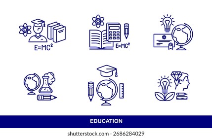 Conjunto de iconos vectoriales de Educación, universidad y escuela, diferentes disciplinas de conocimiento, graduación e inteligencia.