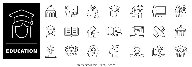 Education vector icons. Education thin line icons collection. Classroom, student, teacher, knowledge, study, lesson, school, education related icons