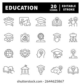 Ícones de vetor de educação. Coleção de ícones de linha fina de educação. Sala de aula, estudante, professor, conhecimento, estudo, lição, escola, ícones relacionados à educação