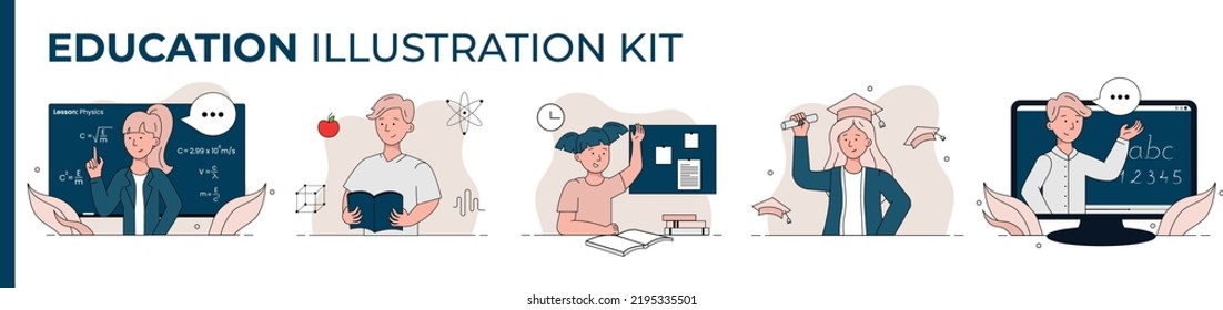 Education vector illustraitons kit. Physics lessons, graduate, online education scenes.