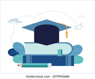 education vector illustration.
academy hat on heap of books banner.
studying and teaching concept.
flat cartoon design for
web mobile background