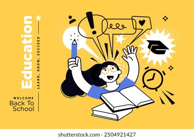 Educación. Ilustración vectorial Anuncio de la educación, el aprendizaje, la vuelta a la escuela, los cursos y la formación en línea, la educación a distancia y el aprendizaje electrónico.