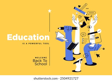 Educación. Ilustración vectorial Anuncio de la educación, el aprendizaje, la vuelta a la escuela, los cursos y la formación en línea, la educación a distancia y el aprendizaje electrónico.