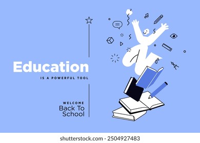 Educación. Ilustración vectorial Anuncio de la educación, el aprendizaje, la vuelta a la escuela, los cursos y la formación en línea, la educación a distancia y el aprendizaje electrónico.