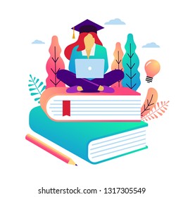 Education vector illustration of girl wearing graduation cap, with laptop while sitting on books, e learning, on-line course concept, suitable for web banner, poster, flyer template