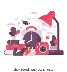 education vector illustration. graphic elements onlain education. the girl lies on her stomach for laptops a large lamp and a photo camera, books