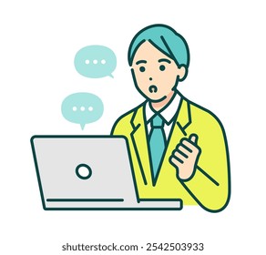 IT education. Vector illustration of a high school boy learning to use a computer.