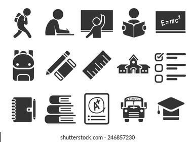 Education vector illustration icon set. Included the icons as study, school, student, school bus, blackboard, book and more.