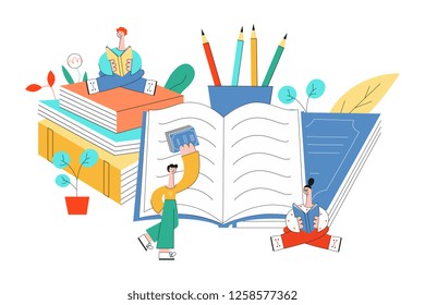 Education vector illustration with little people reading surrounded by big office supplies and books isolated on white background - studying male and female characters in flat style.