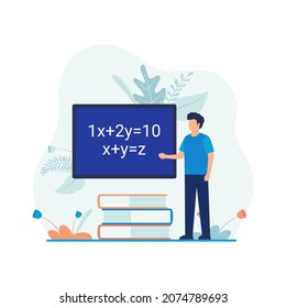 Education vector illustration. Man standing next to blackboard and pile of books. Flat design suitable for many purposes.