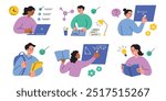 Education vector illustration set with students studying, reading, solving math problems, using laptops. Flat cartoon style, perfect for school, academic, or learning process designs and concepts