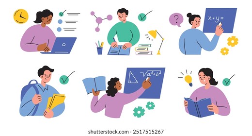 Ilustração vetorial educacional com estudantes estudando, lendo, resolvendo problemas de matemática, usando laptops. Estilo de desenho animado plano, perfeito para projetos e conceitos escolares, acadêmicos ou de processo de aprendizagem