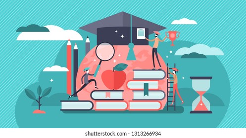 Education vector illustration. Tiny knowledge learning person concept. School, university and college graduation. Personal growth degree and development using book research, teacher and literature