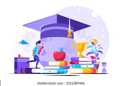 Education vector illustration. Tiny knowledge learning person concept. School, university and college graduation. Personal growth degree and development using book research, teacher and literature