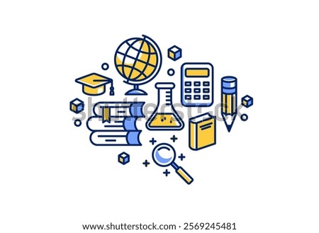 Education vector illustration, university and high school study science, physics and chemistry learning.