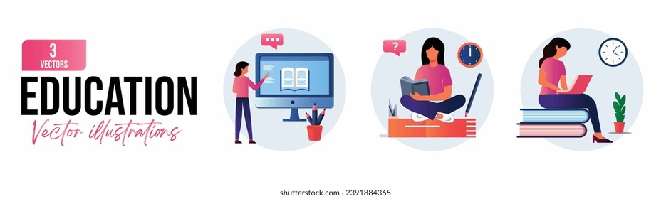 Education Vector illustrations of people engaging in various educational activities, such as learning, reading, online courses and training, and back to school.