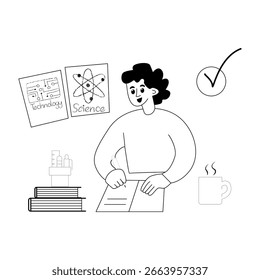 Education vector illustrations, school children scenes. Studying, exams, homework, academic life, classroom activities collection. Students reading, writing, doing science, math. Back to school