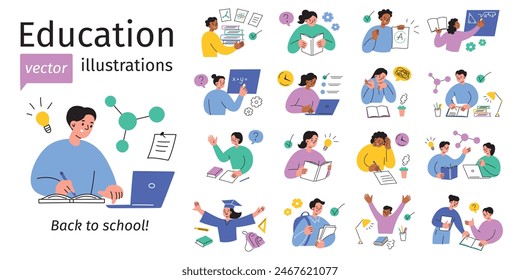 Education vector illustrations set, collection of school children scenes. Studying, exams, homework, academic life, classroom activities. Students reading, writing, doing science, math. Back to school