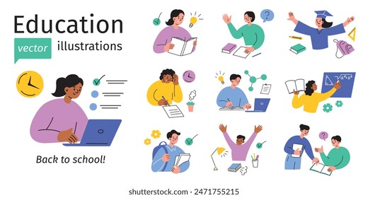 Education vector illustrations set, collection of school children and teachers. Studying, exams, homework,classroom activities. Students reading, writing, doing science, math. Back to school