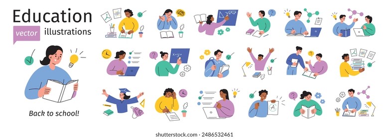 Education vector illustrations set, school children scenes. Studying, exams, homework, academic life, classroom activities collection. Students reading, writing, doing science, math. Back to school