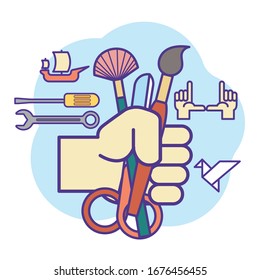 Education vector infographics showcasing skill development. Concepts that students can acquire from by performing, visualising, reading, speaking, problem-solving, writing, practising music, sciences
